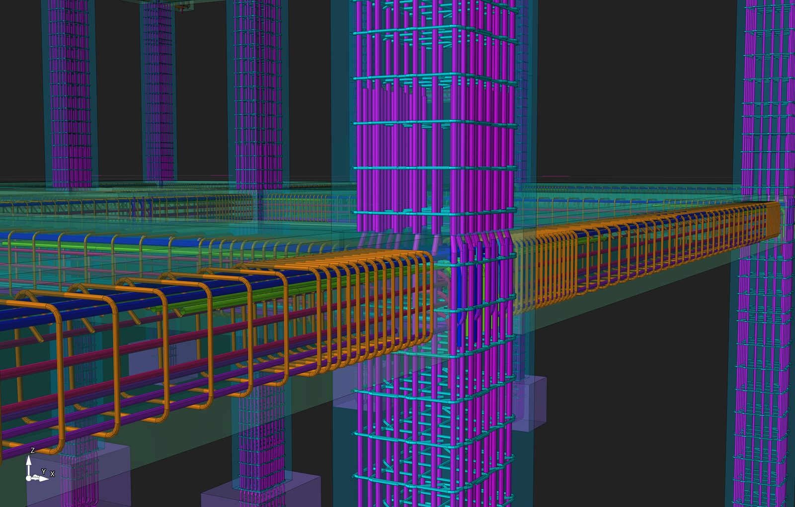 Reinforced concrete detailing outputs including rebar drawings, bar bending schedules, and cut-off tables